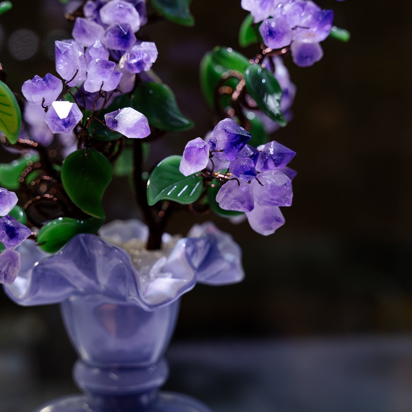 Handcrafted Natural Crystal Money Tree in Ceramic Vase - Deep Purple