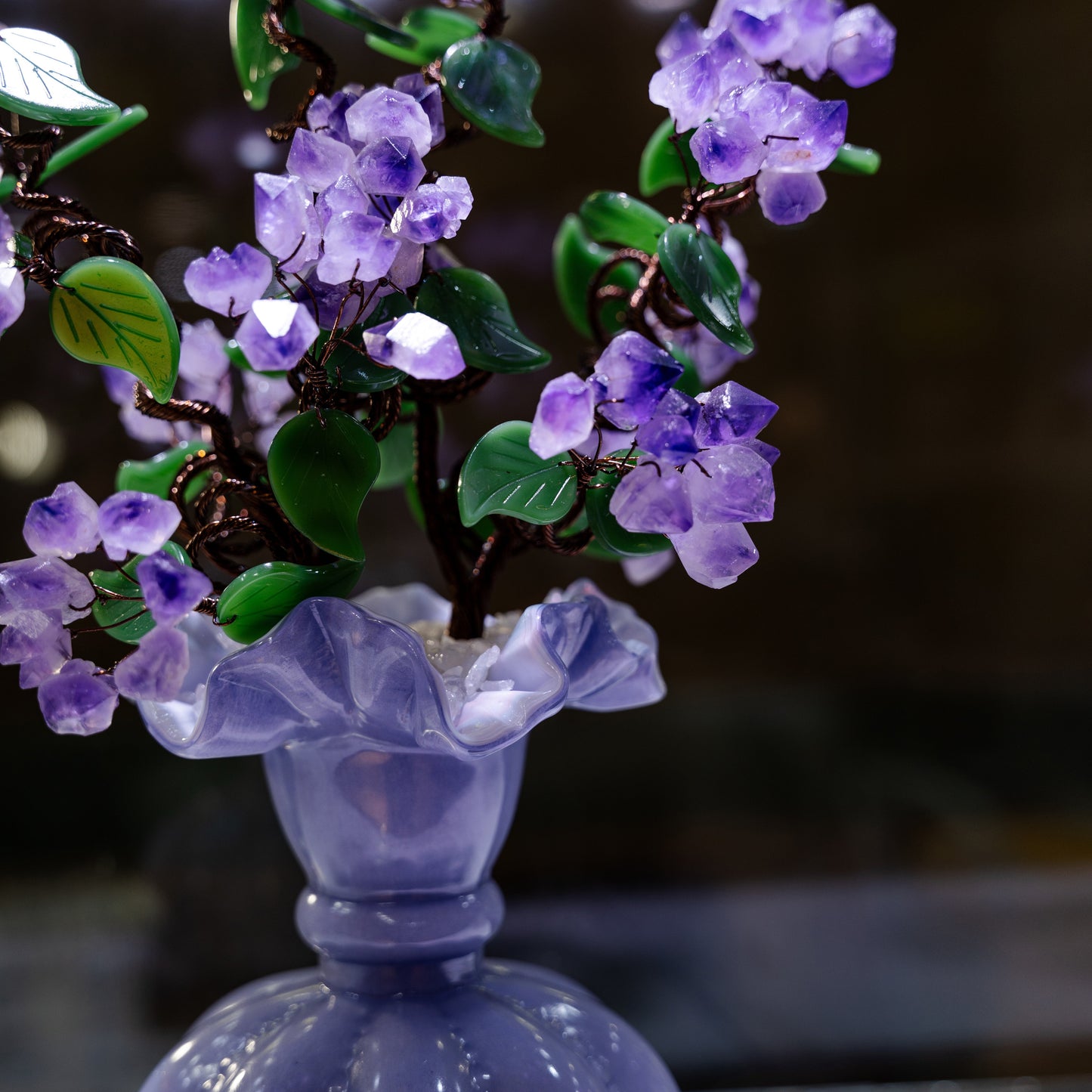 Handcrafted Natural Crystal Money Tree in Ceramic Vase - Deep Purple