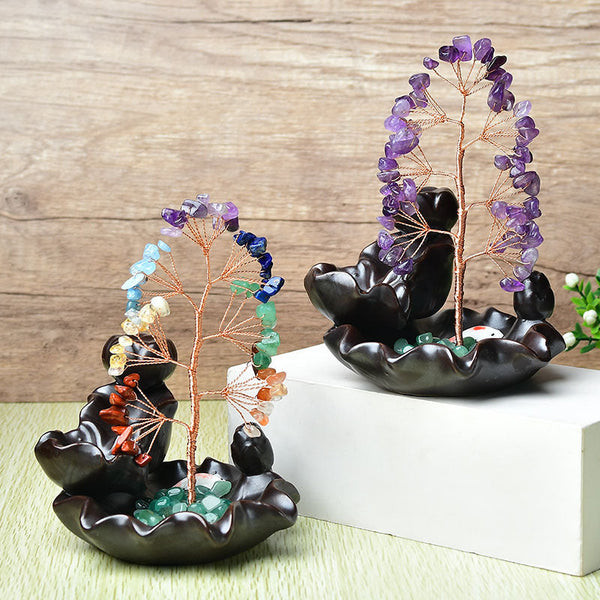 Natural Crystal Backflow Incense Base Fortune Tree